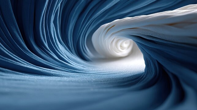Abstract spiral vortex of blue and white fabric