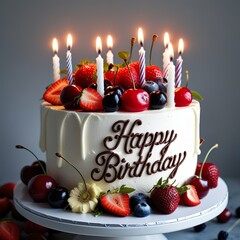 A birthday cake with juicy fruits including plump cherries  ripe strawberries  and lush berries