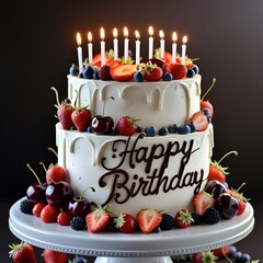 A birthday cake with juicy fruits including plump cherries  ripe strawberries  and lush berries