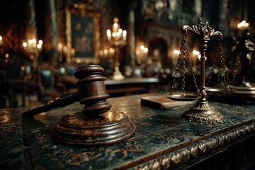Wooden Gavel and Scales of Justice in Dimly Lit Courtroom. Law, Fairness, and Legal Authority in a Warm Judicial Setting.