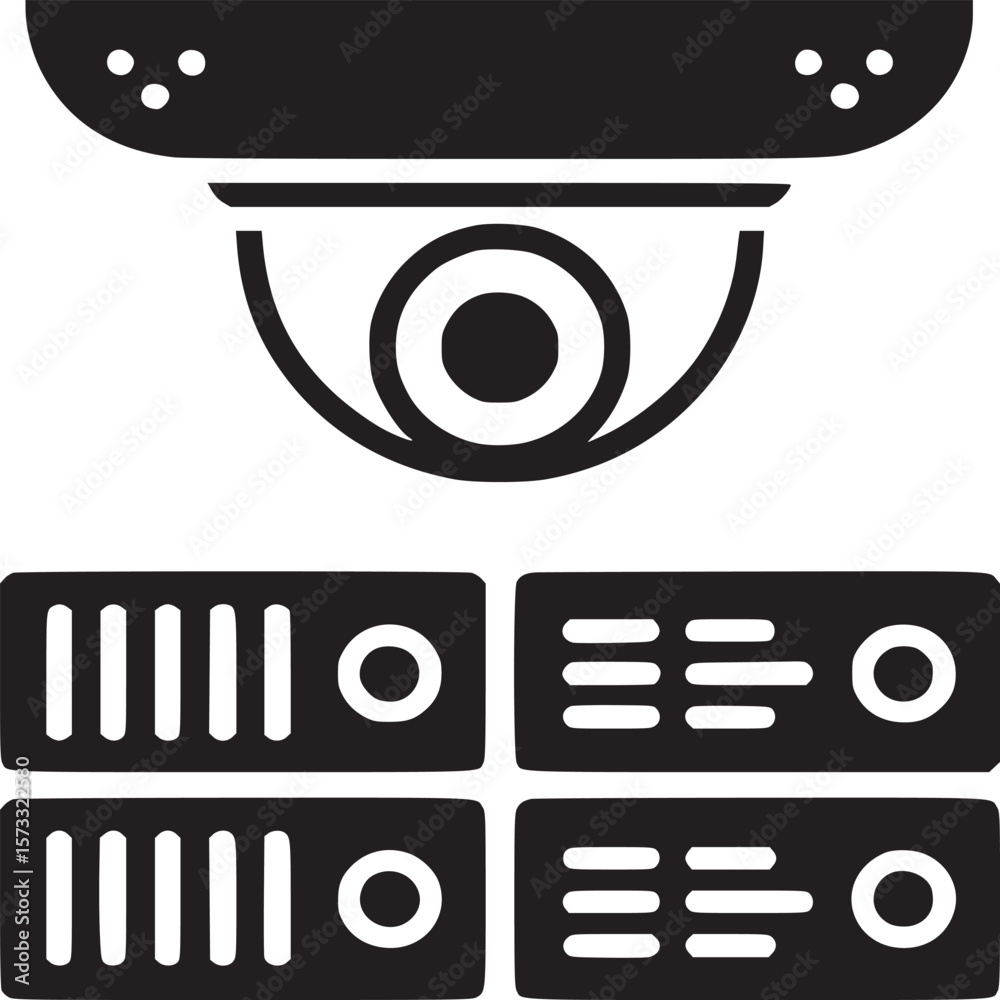 Fototapete a black and white graphic of a security camera above four servers on a light gray background space f