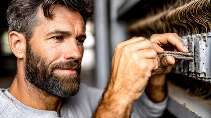 A focused man electrician with a beard is carefully working on connecting intricate electrical wires in a detailed close-up shot.