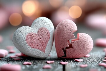 Close-Up of Wooden Heart Shapes with Pink Confetti on Textured Surface. Symbolizing Love, Romance, and Heartbreak in Soft Pastel Tones.