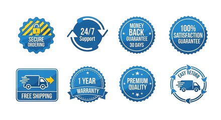 Obraz premium A set of e-commerce badges featuring guarantees and services for online shopping convenience
