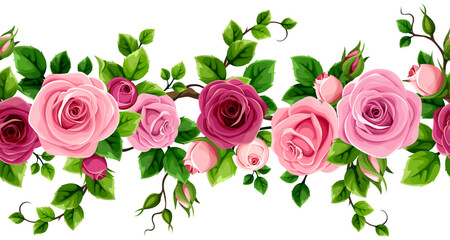 Floral seamless border with red and pink roses and green leaves. Rose flowers vine. Vector seamless floral garland © naddya