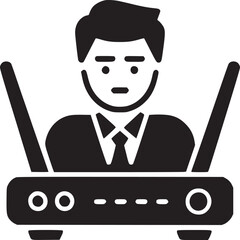 Icon of a man wearing a suit behind a wifi router with two antennas in black and white design style