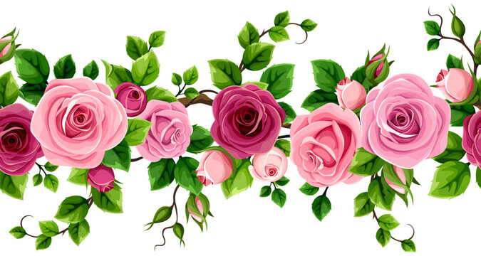 Floral seamless border with red and pink roses and green leaves. Rose flowers vine. Vector seamless floral garland
