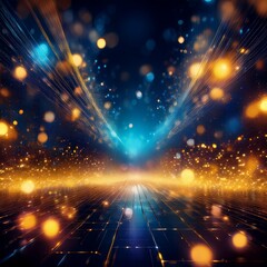 Obraz premium Abstract light background with golden and blue bokeh in the dark, creating a magical, festive glow—perfect for Christmas, New Year, winter nights, and celebration themes.