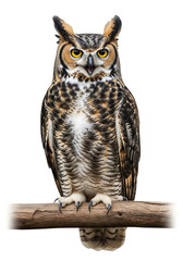 Fototapeta premium Great Horned Owl on Branch – Isolated on Transparent Background