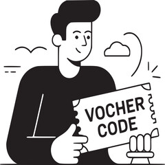 Man holding a voucher code with cloud and birds in a simple black and white illustration design style