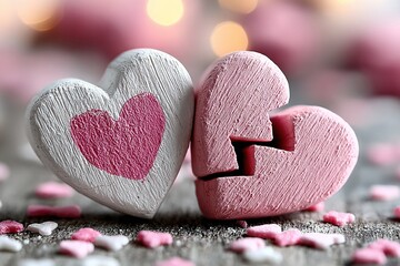 Close-Up of Wooden Heart Shapes with Pink Confetti on Textured Surface. Symbolizing Love, Romance, and Heartbreak in Soft Pastel Tones.