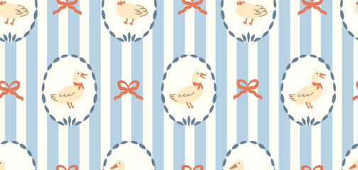 Сute duck seamless pattern with stripes and bows in vintage nursery style
