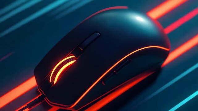 A black computer mouse with a red stripe on it is lit up and placed on a black background. The red stripe is glowing, making the mouse stand out