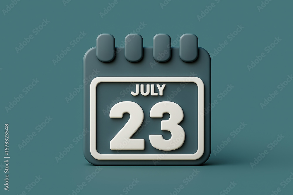 Fototapete Calendar Icon Displaying July 23rd Date Reminder in 3D Rendering Style on Teal Background for Schedule Planning and Important Day Notification