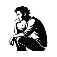 "Thinking Man Silhouette Illustration in Black and White Vector Style"