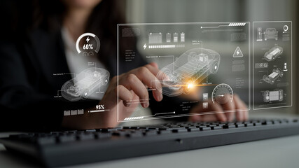 Technical layout of electric vehicle showing battery system, power control, traction motor,...