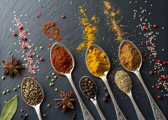 Colorful spices in spoons and scattered on dark surface