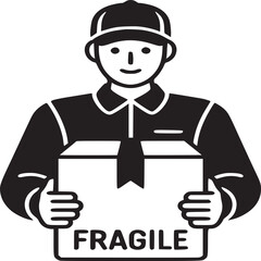 A delivery man in black uniform holding a fragile box with ribbon on a light gray background illustration