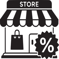 Black and white store icon with awning, shopping bag, door, and discount percentage symbol design