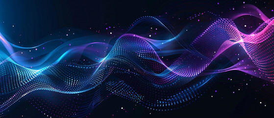 Abstract digital flowing light waves of blue and purple colors with glowing particles