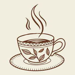Fototapeta premium Illustration of a steaming teacup with leaf design on saucer in brown outline on cream background