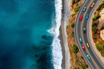 Aerial view of colorful cars driving along a winding coastal road beside a vibrant blue ocean and sandy beach, showcasing the beauty of nature and travel adventure