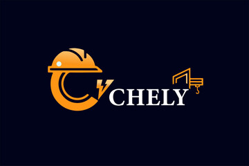 Industrial construction logo with orange helmet and lightning bolt forming letter C. Includes crane icon. Modern and professional design on dark background.