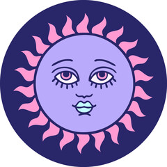 iconic tattoo style image of a sun with face in bright neon color