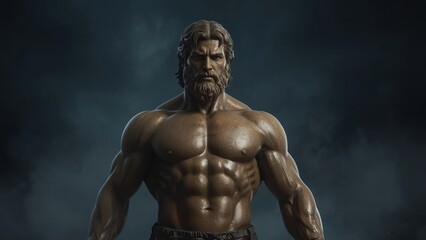 Fototapeta premium Muscular man with a beard and long hair, posing against a dark background.