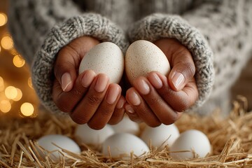 Close-Up of Hands Holding White Egg Over Straw Nest. Rustic Still Life with Warm Light, Cozy Sweater, and Soft Bokeh Background Emphasizing Simplicity and Comfort.