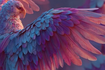 Digital Artwork of Stylized Eagle Wings with Layered Feathers on Pink to Blue Gradient Background. Ethereal, Symmetrical, and Graceful Abstract Composition.