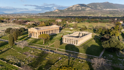 Aerial View of Ancient Greek Temples in Paestum, Italy