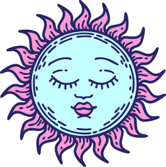 tattoo in traditional style of a sun in bright neon color