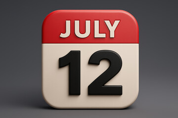 Fototapeta premium 3D Calendar Icon Displaying July 12th on a Gray Background with Red Top and Black Numbers for Schedules and Important Dates