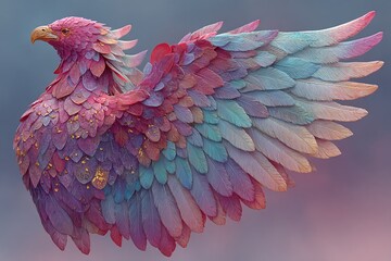 Digital Artwork of Stylized Eagle Wings with Layered Feathers on Pink to Blue Gradient Background. Ethereal, Symmetrical, and Graceful Abstract Composition.