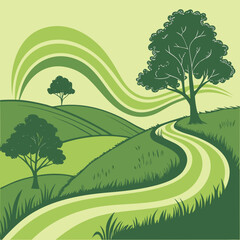 Obraz premium A scenic view of green hills with trees and a winding path under a stylized sky design element