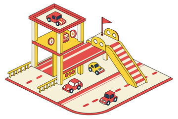 Isometric view of a toy car park with a slide and several toy cars on the road and building