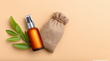 Serum Bottle and Pouch with Leaves on Beige Background