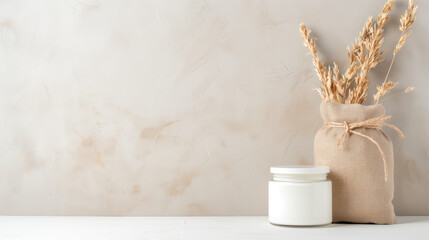 White Cream Jar and Dried Flowers on Beige Textured Backgrounds