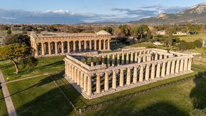 Aerial View of Ancient Greek Temples in Paestum, Italy