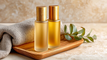 Amber Glass Bottles And Eucalyptus On Wooden Tray