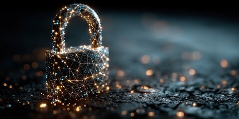 Glowing Digital Padlock Illustration with Interconnected Lines and Dots on Dark Blue Background. Symbolizing Cybersecurity, Data Protection, and Network Safety with Copy Space.