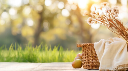 Warm Toned Picnic Scene with Basket and Fruit