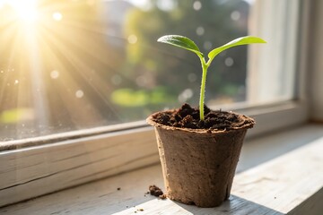 Vibrant Green Seedling Sprouting in Peat Pot by Sunny Window