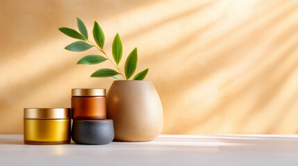 Empty Eco Friendly Skincare Containers With Green Leaves In Sunlight