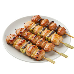 Grilled Chicken Yakitori Skewers with Green Onions on White Plate