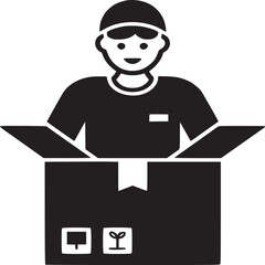 Man in a cap looking out of a cardboard box with shipping labels in a black and white graphic image
