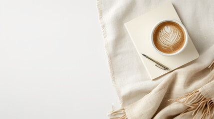 Cozy Coffee Workspace with Throw Blanket and Notebook
