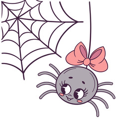 Cute cartoon spider with a pink bow hanging from a thread next to a spiderweb illustration design