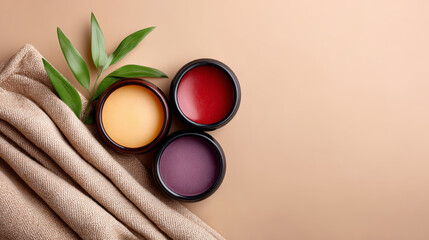 Cosmetic Jars with Yellow Red and Purple Contents on Beige Background Top View